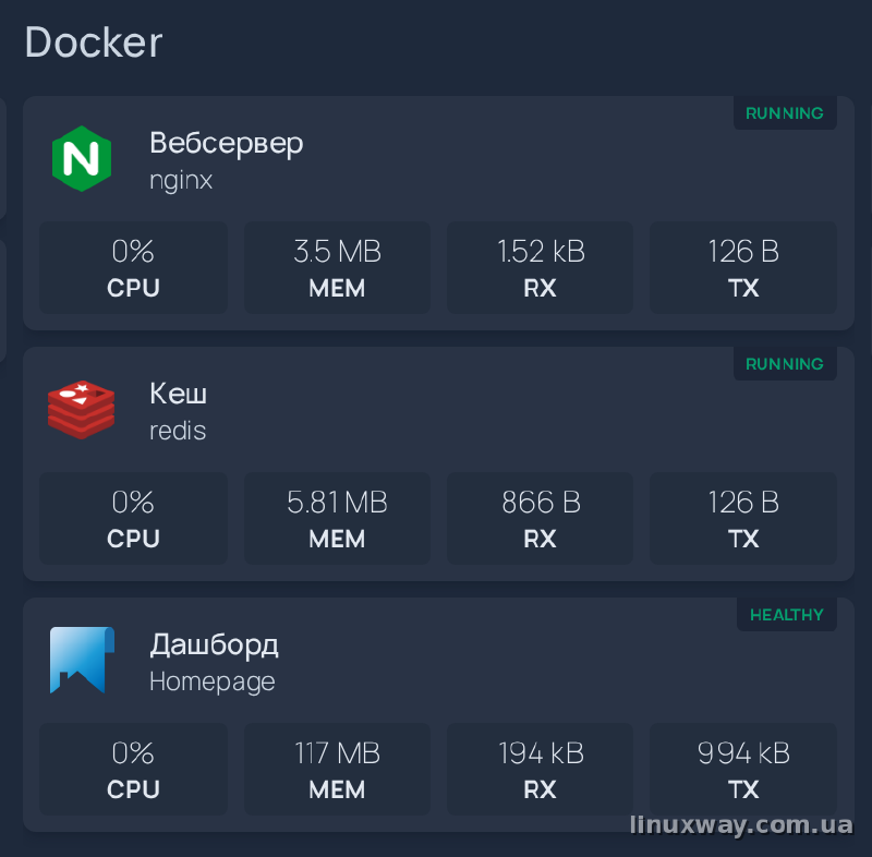 Група Docker зблизька: статус RUNNING/HEALTHY і реальні CPU/RAM/мережа кожного контейнера
